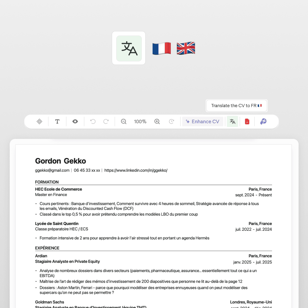 Translate resume in one click
